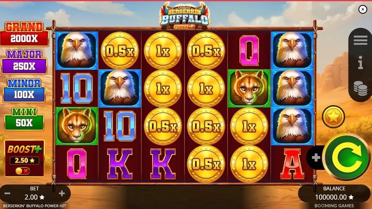 Pemandangan atmosferik slot Beserkin’ Buffalo Power Hit dengan latar belakang badai dan bison yang megah.