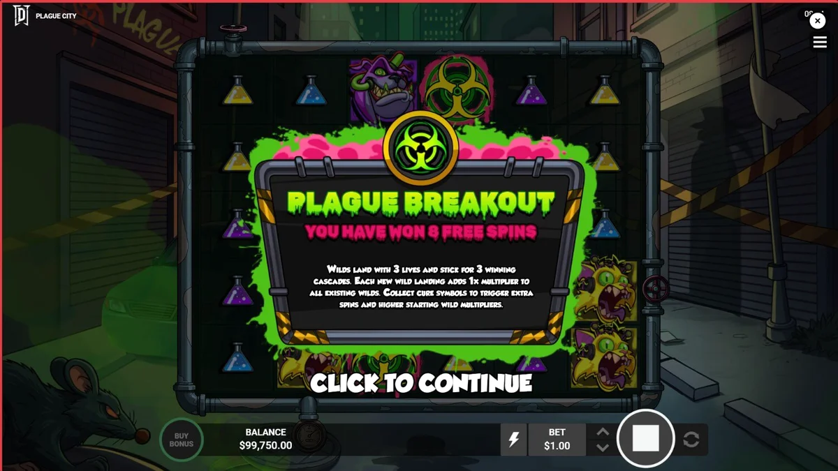Tampilan visual slot Plague City dengan tema dokter wabah dan kota yang terinfeksi